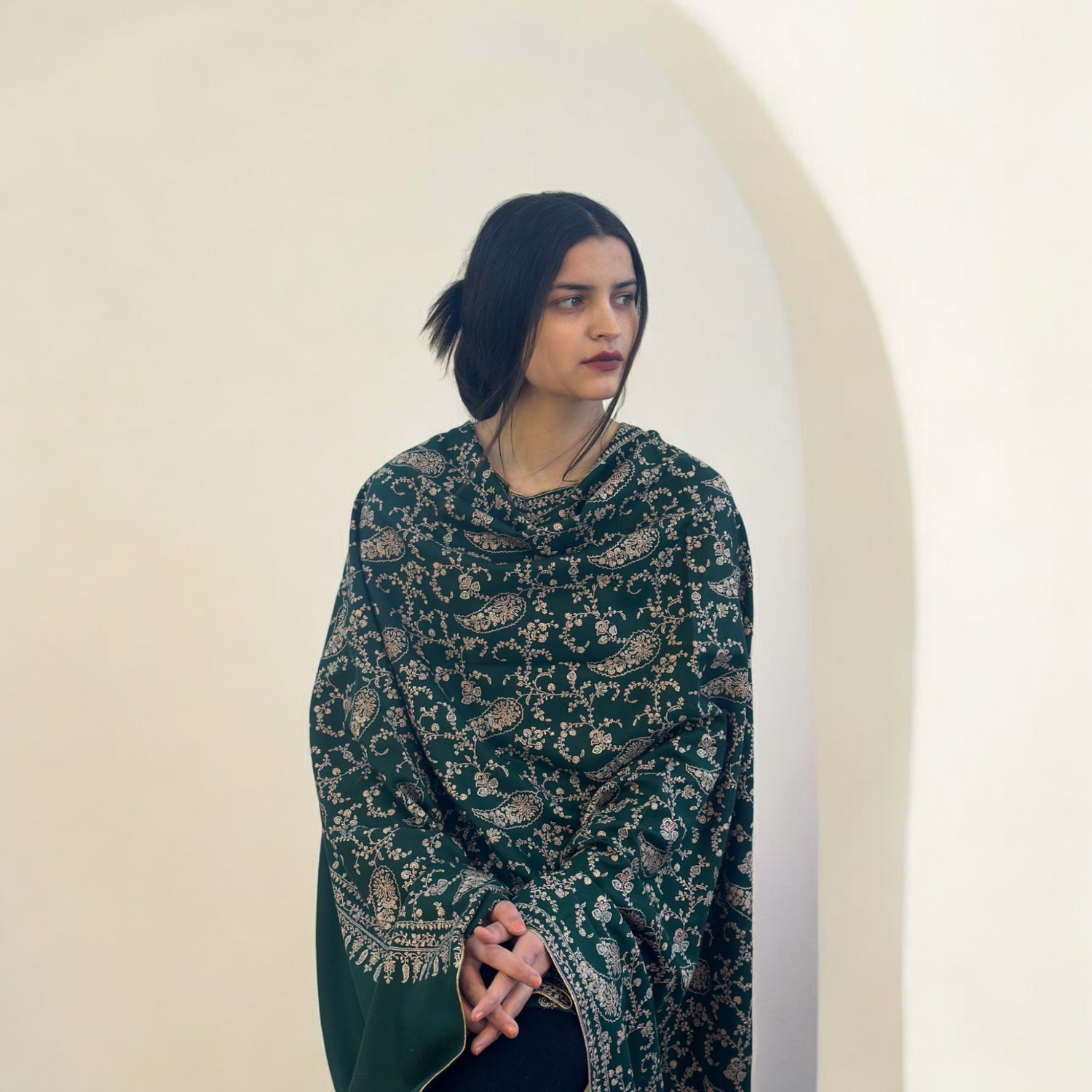 Deep Greenwood Jaalidar GI Pashmina Shawl