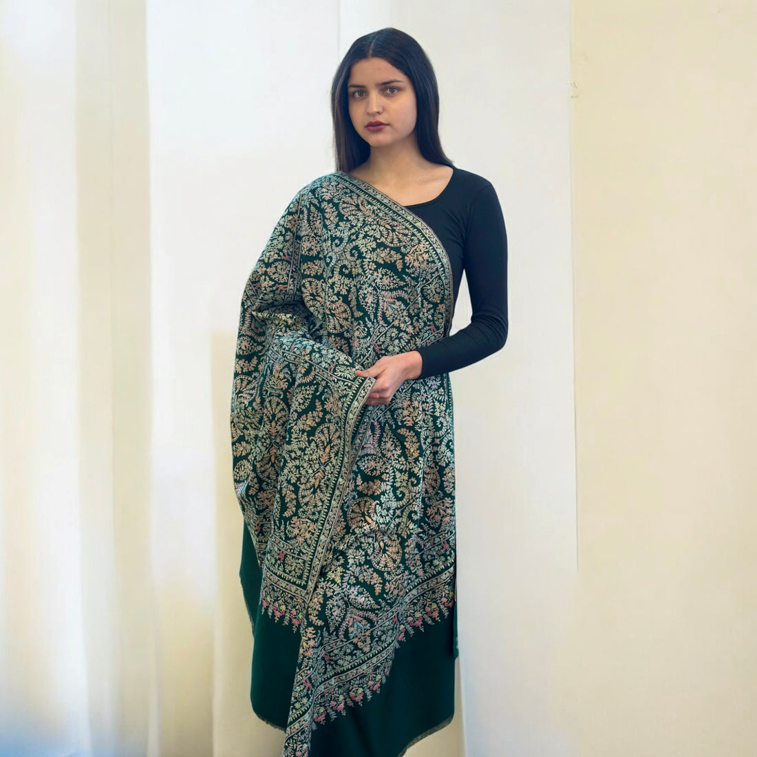 Bottle Green Hand Embroidered Jamawar GI Pashmina Shawl