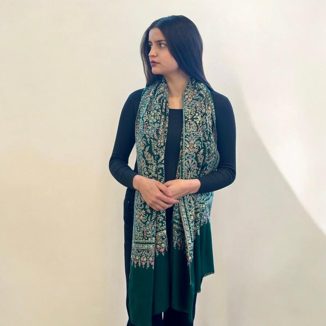 Bottle Green Jama GI Pashmina Shawl