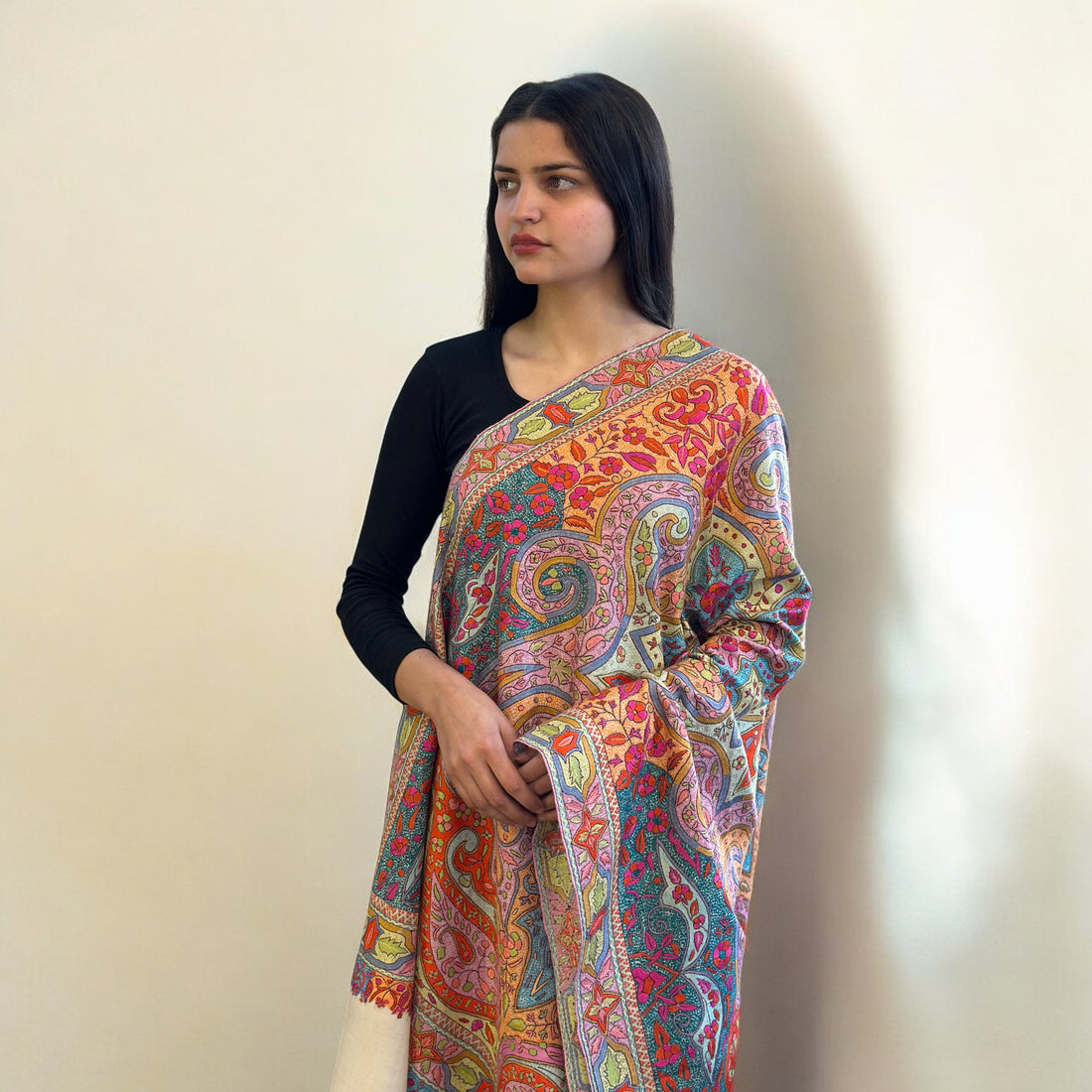 Floral White Hand Embroidered Jamawar GI Pashmina Shawl