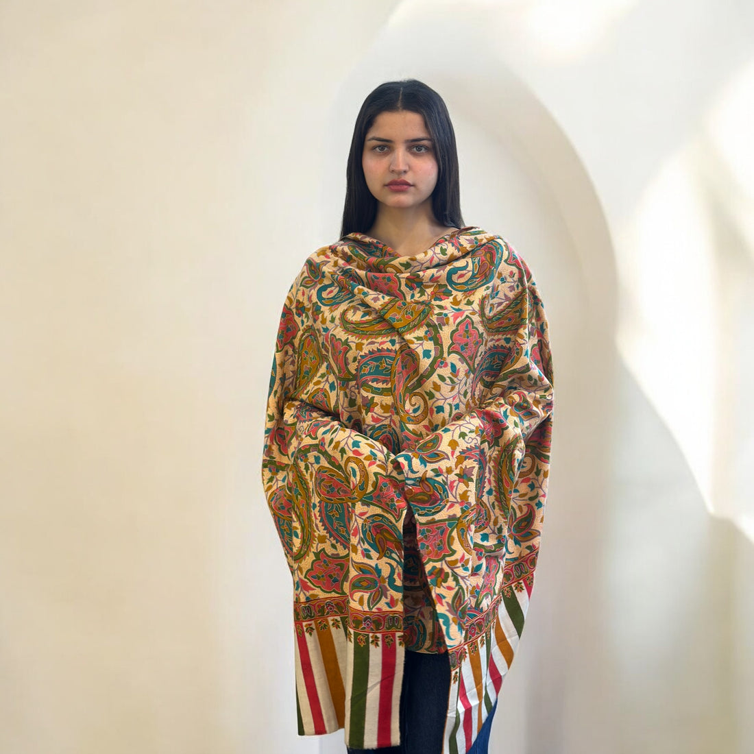 Golden Sand Hand Embroidered Outline GI Pashmina Shawl