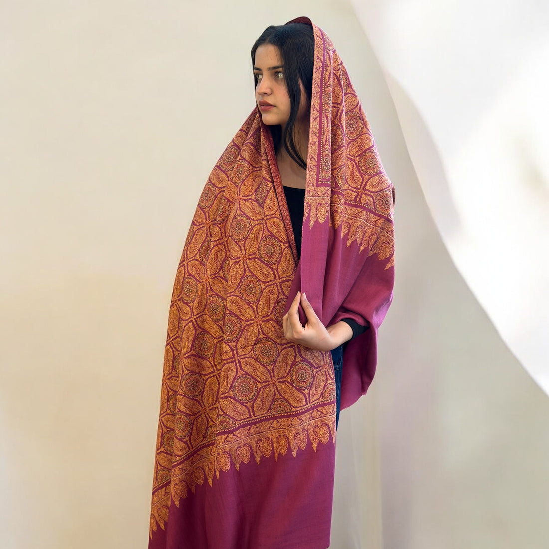 Dusty Rose Hand Embroidered Jamawar GI Pashmina Shawl