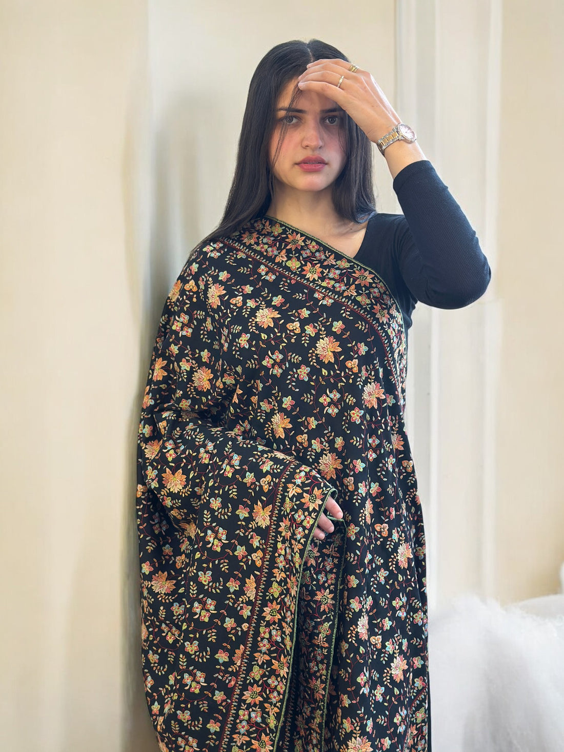 Midnight Multi Sozni Jaalidaar Hand-Embroidered GI Pashmina Shawl