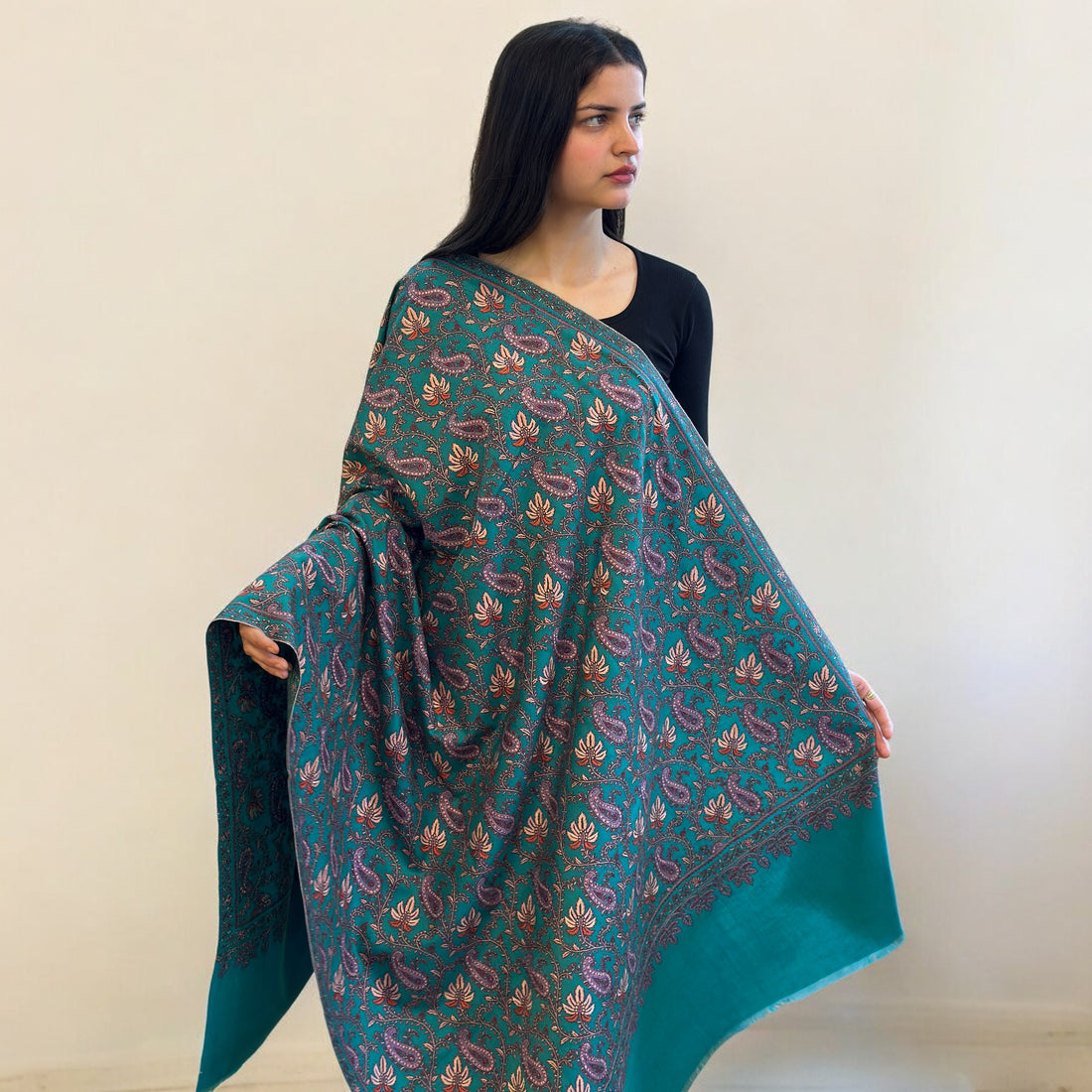 Aqua Marine Sozni Jaalidaar Hand-Embroidered GI Pashmina Shawl