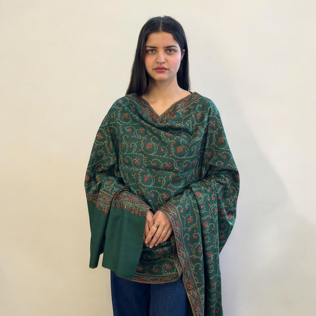 Sage Green Sozni Jaalidaar  Hand-Embroidered GI Pashmina Shawl