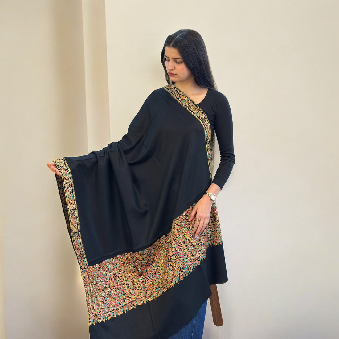 Deep Drift Hand Embroidered GI Pashmina Shawl