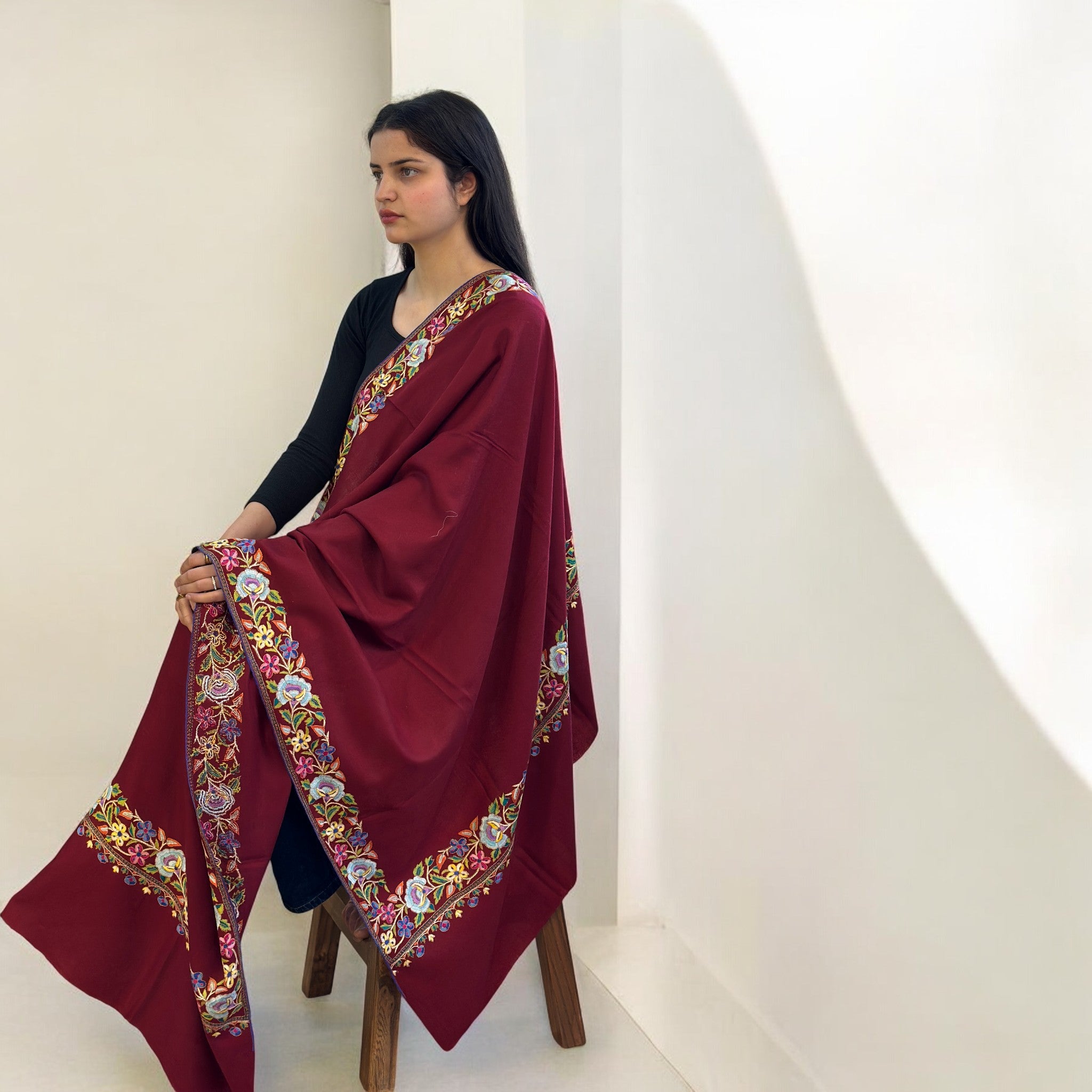 Ruby Royalty Hand-Embroidered GI Pashmina Shawl