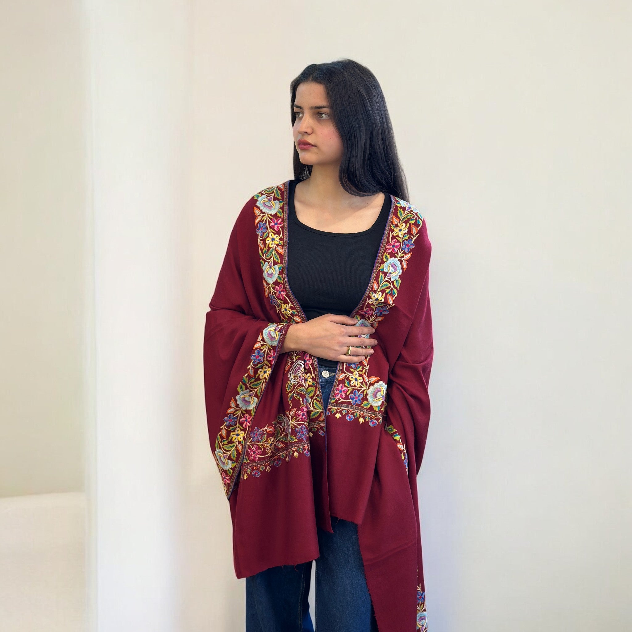 Ruby Royalty Hand-Embroidered GI Pashmina Shawl