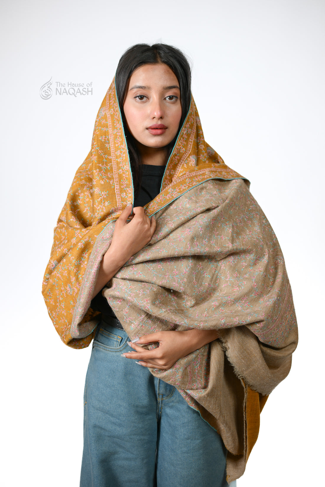 Two-in-One Reversible Sozni Jaalidaar Hand-Embroidered GI Pashmina Shawl