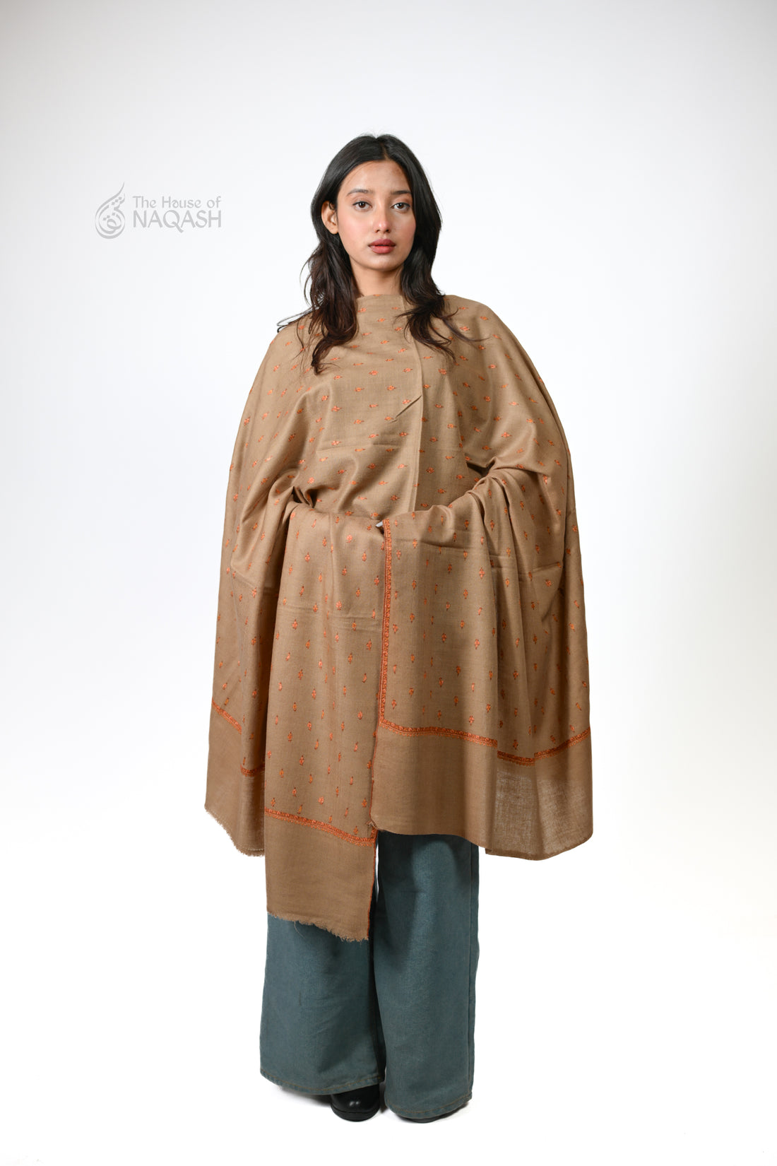 Natural Buti Jaal Hand-Embroidered GI Pashmina Shawl