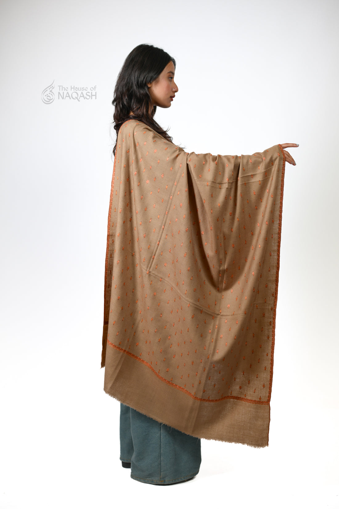 Natural Buti Jaal Hand-Embroidered GI Pashmina Shawl