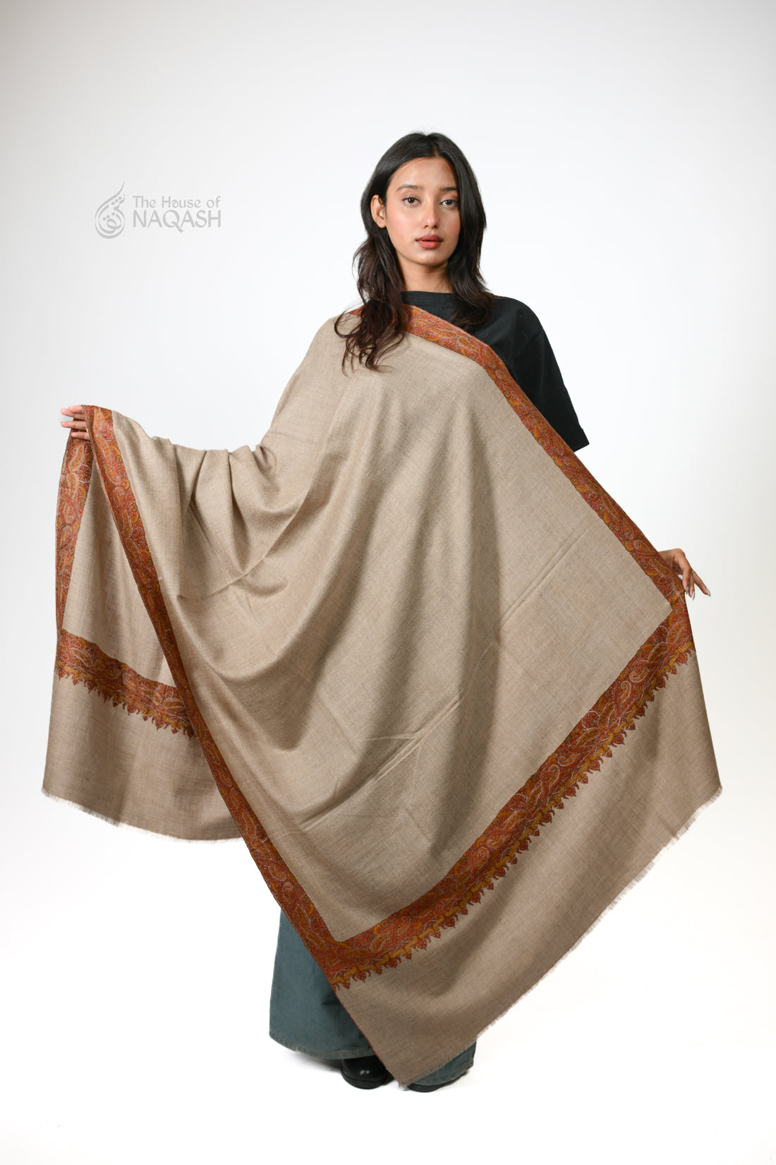 Celestial Natural Hand-Embroidered GI Pashmina Shawl