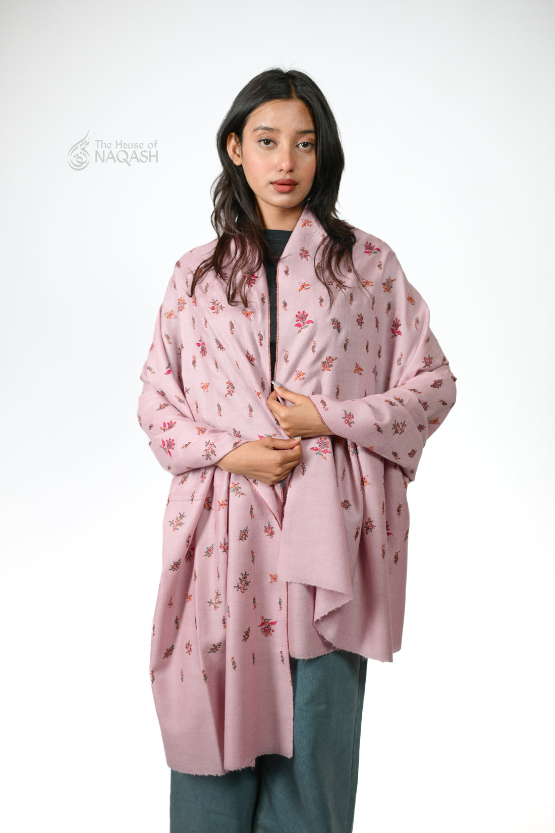 Blush Bloom Butti Sozni Jaalidaar Hand-Embroidered GI Pashmina Shawl