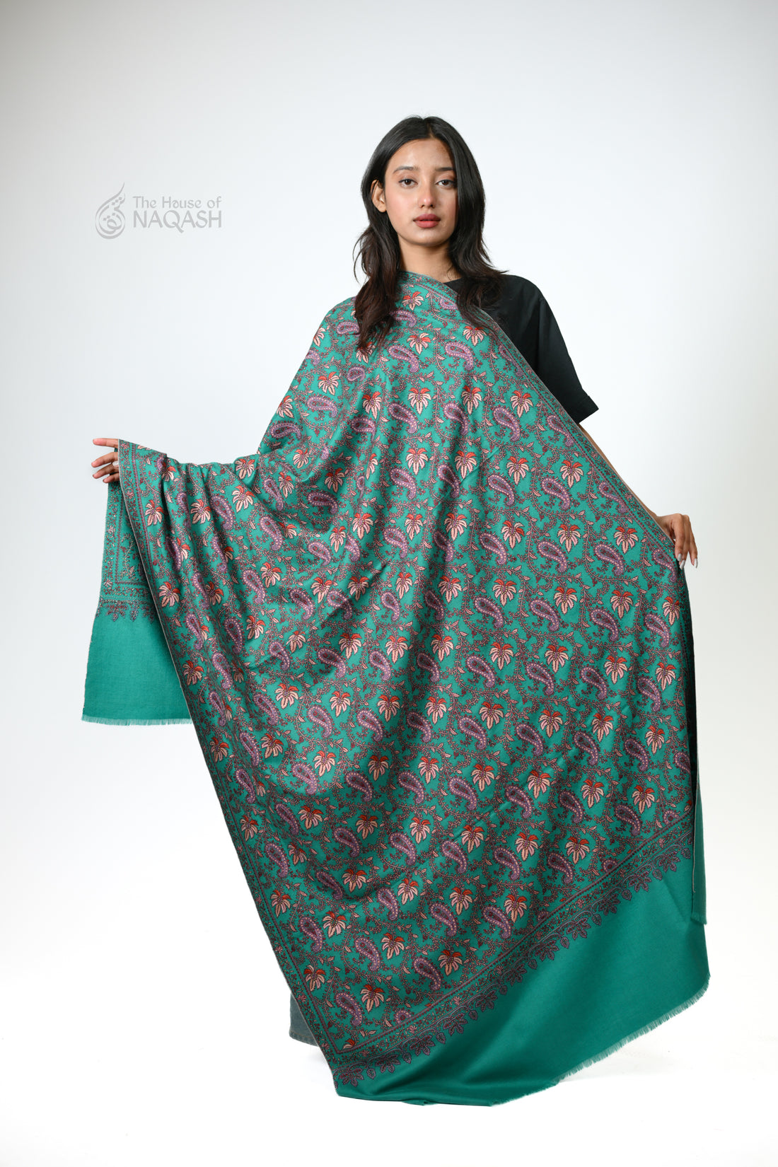 Aqua Marine Sozni Jaalidaar Hand-Embroidered GI Pashmina Shawl