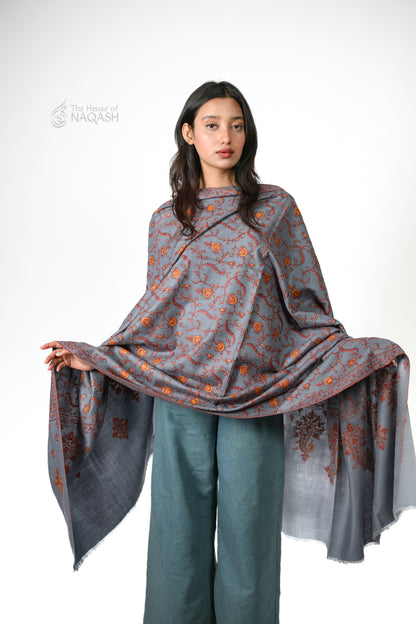 Almond Essence Sozni Jaalidaar Hand-Embroidered GI Pashmina Shawl