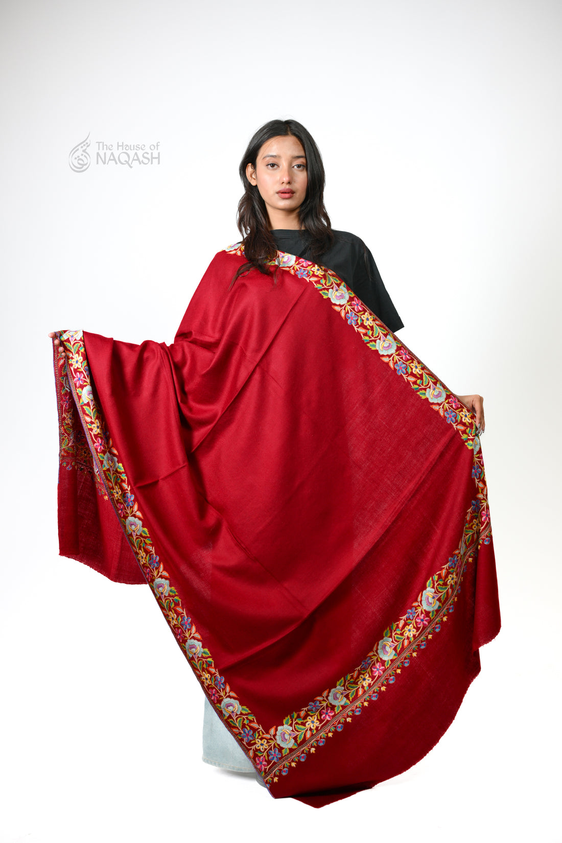 Ruby Royalty Hand-Embroidered GI Pashmina Shawl