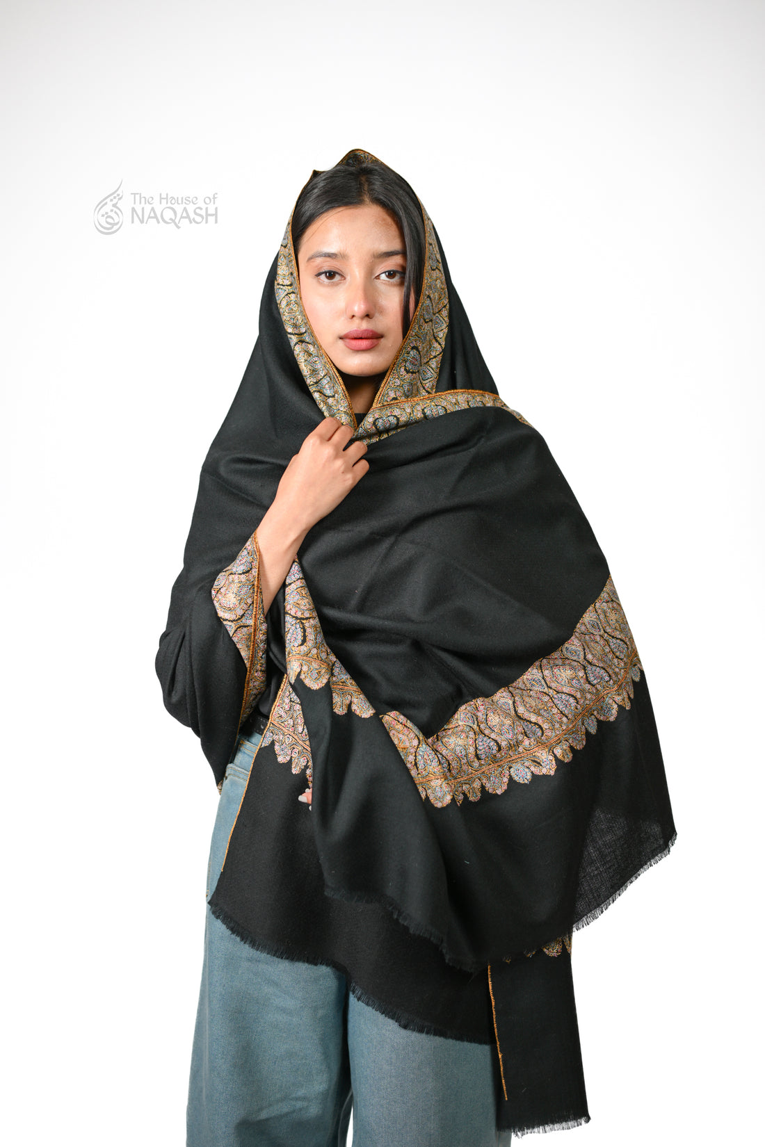 Velvet Night  Hand-Embroidered GI Pashmina Shawl