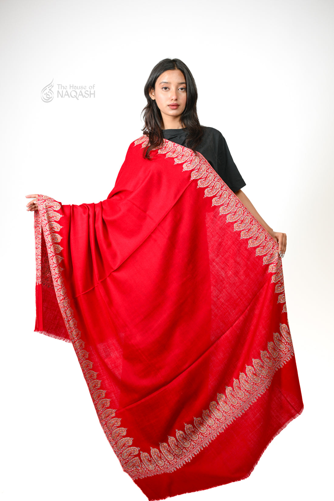 Burgundy Noor Hand-Embroidered GI Pashmina Shawl