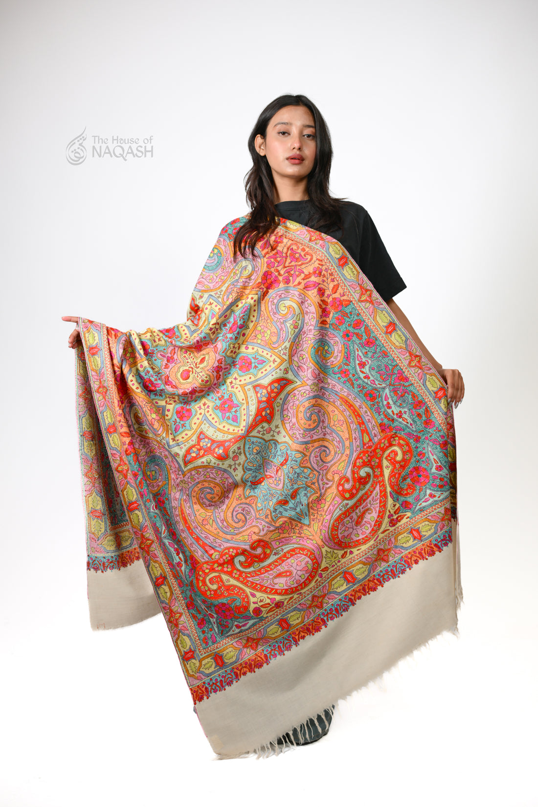 Nur Gulshan Hand Embroidered Sozni Jamawar Shawl
