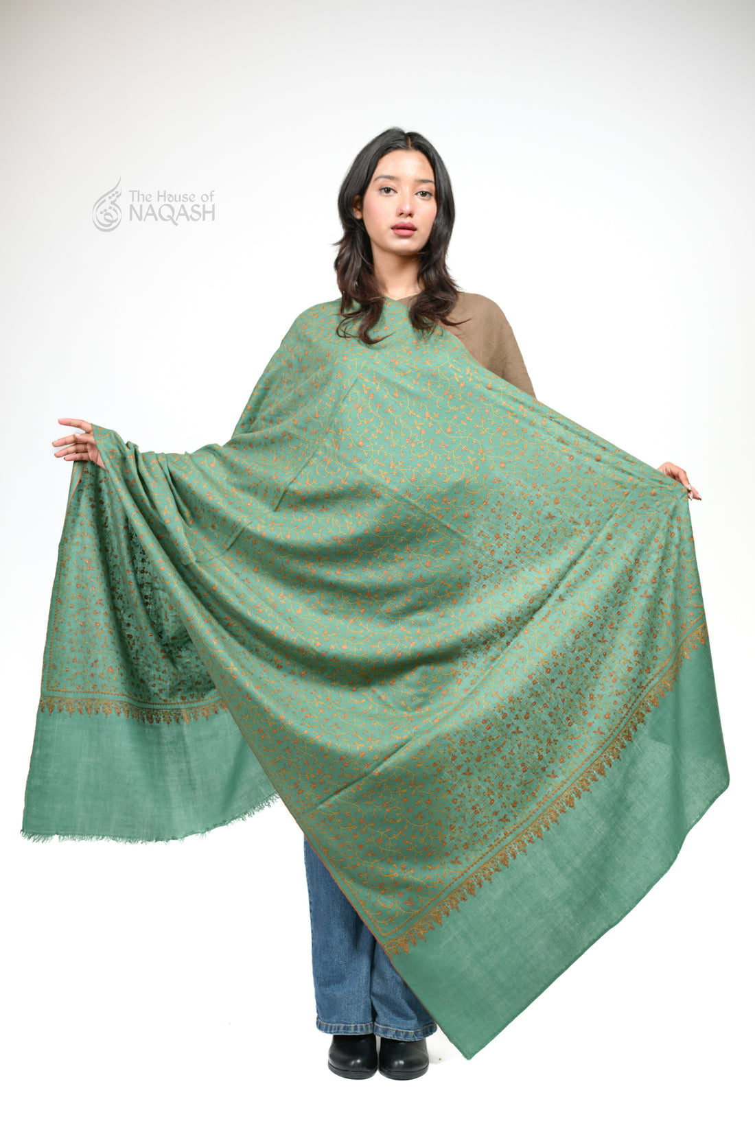 Emerald Petal Sozni Jaalidaar Hand-Embroidered GI Pashmina Shawl