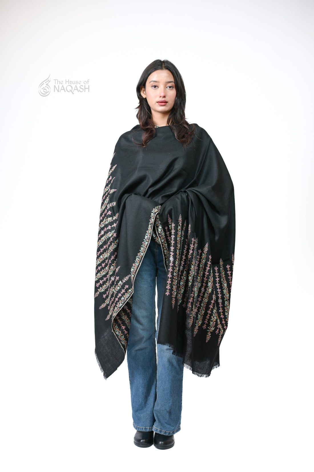 Obsidian Grace Hand Embroidered GI Pashmina Shawl