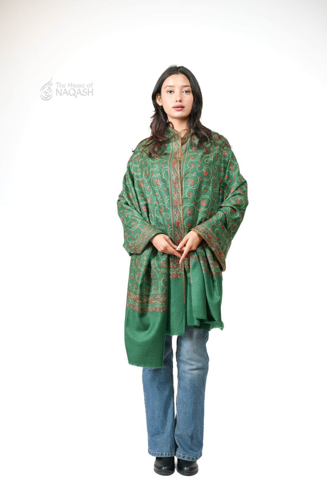 Sage Green Sozni Jaalidaar Hand-Embroidered GI Pashmina Shawl