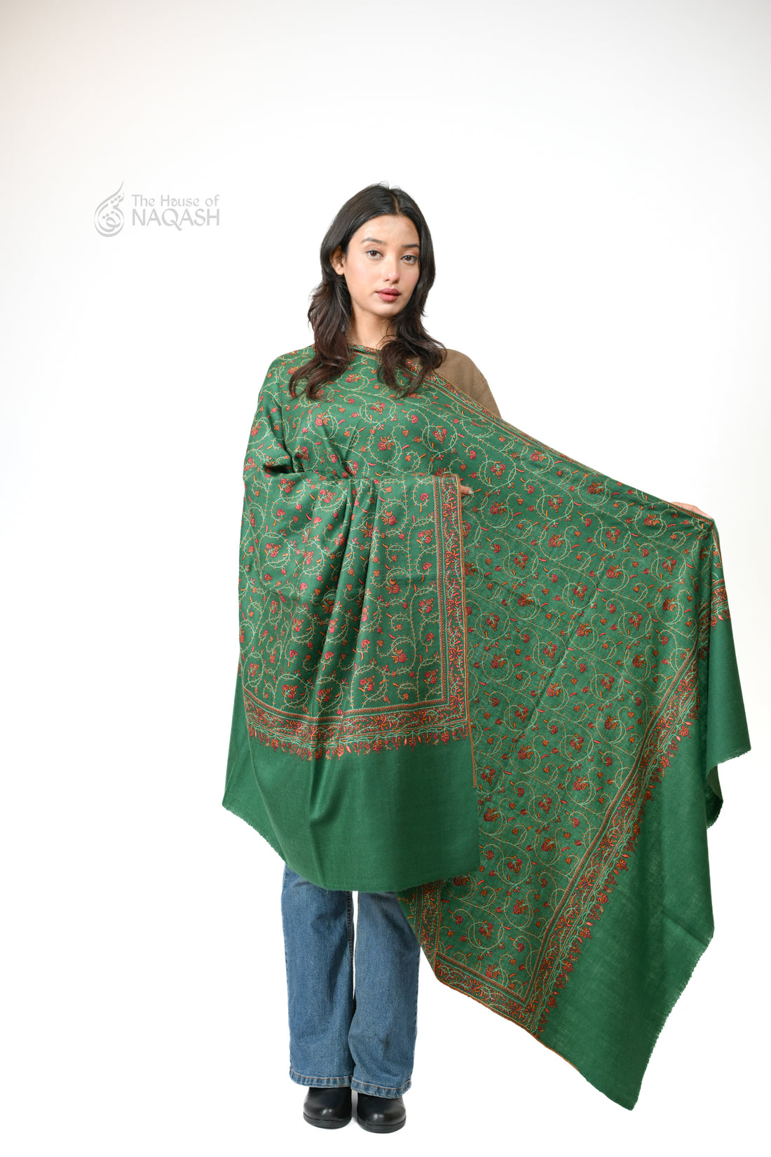 Sage Green Sozni Jaalidaar  Hand-Embroidered GI Pashmina Shawl