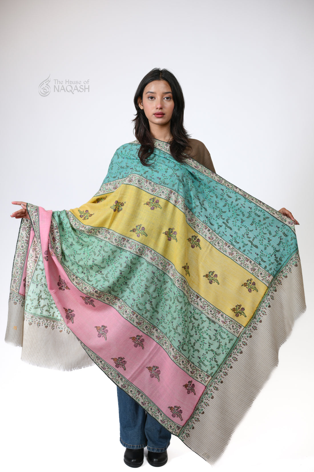 Blush Stripe Sozni Jaalidaar Hand-Embroidered GI Pashmina Shawl