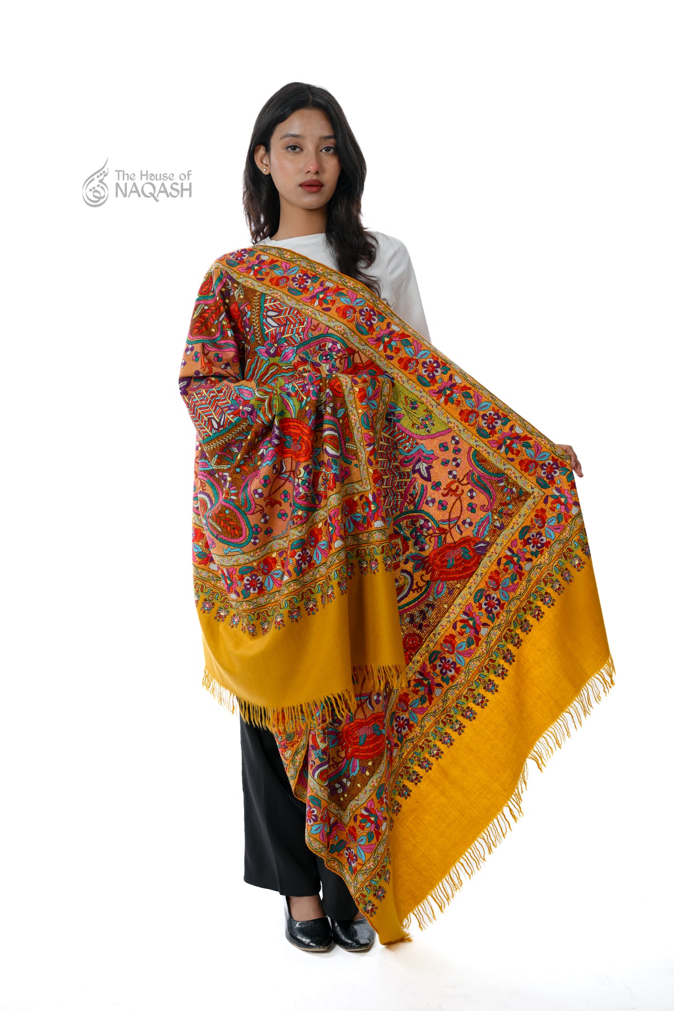 Zaffran Bahar Hand Embroidered Jamawar Floral Border Shawl