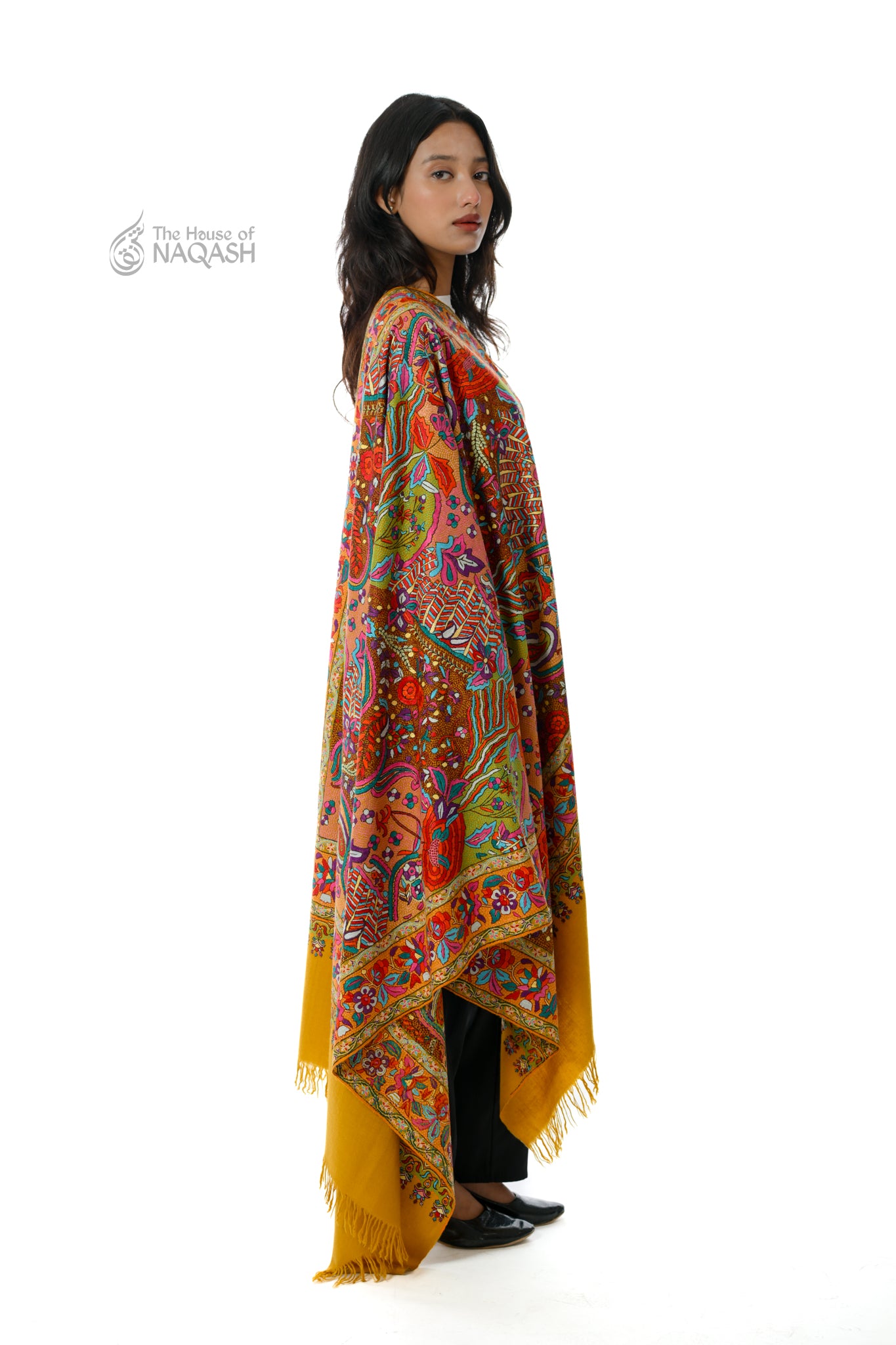 Zaffran Bahar Hand Embroidered Jamawar Floral Border Shawl
