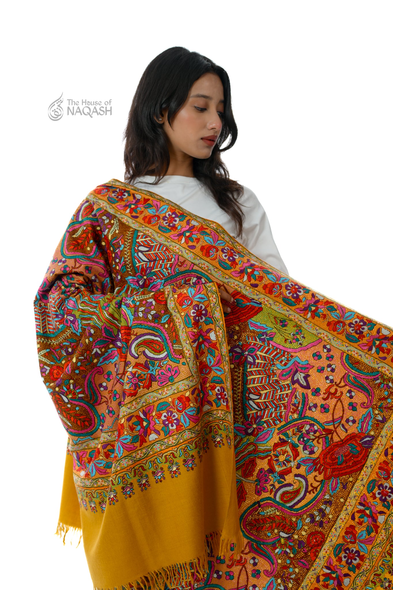 Zaffran Bahar Hand Embroidered Jamawar Floral Border Shawl