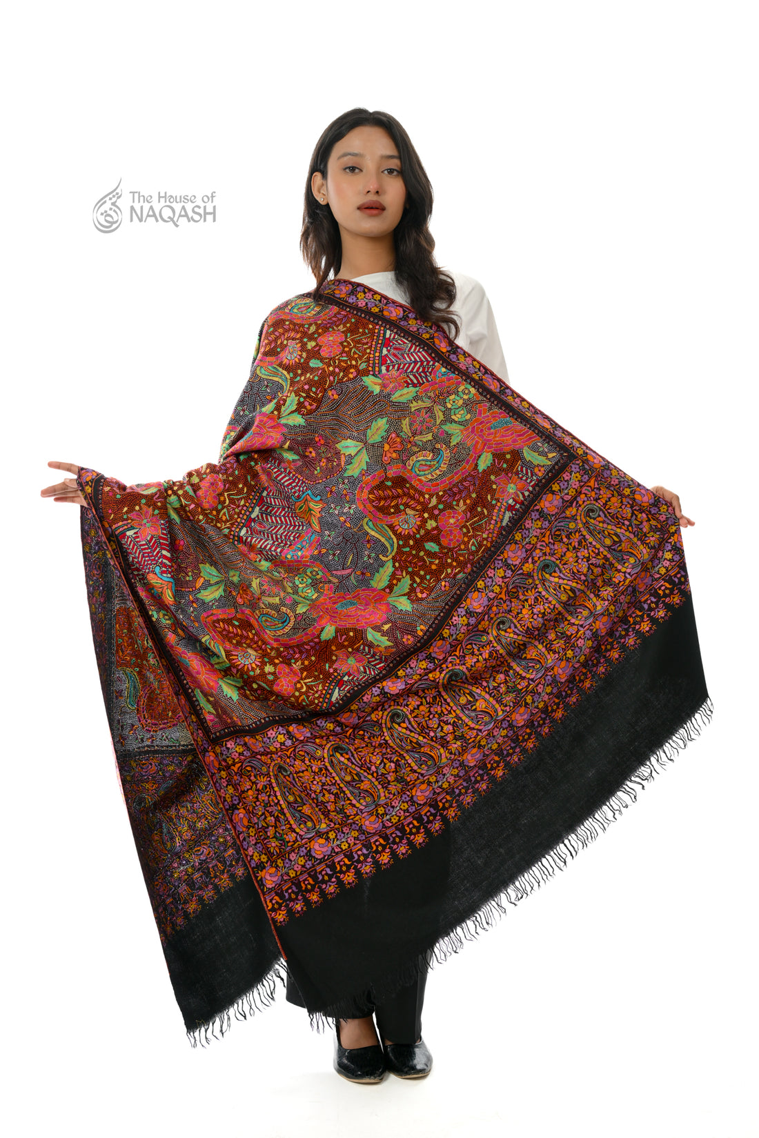 Siyah Bahar Hand Embroidered Jamawar Floral Shawl