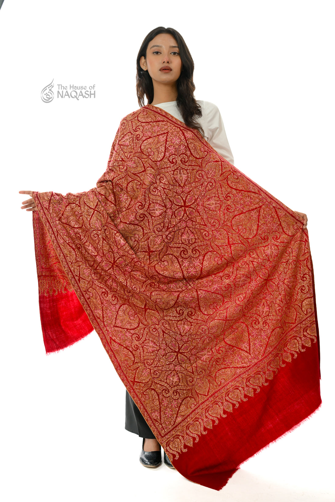 Ahmar Looz  Hand Embroidered Sozni Jamawar Shawl