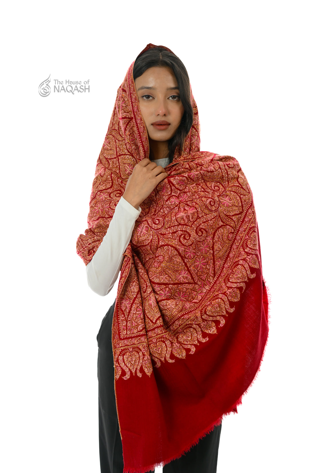 Ahmar Looz  Hand Embroidered Sozni Jamawar Shawl