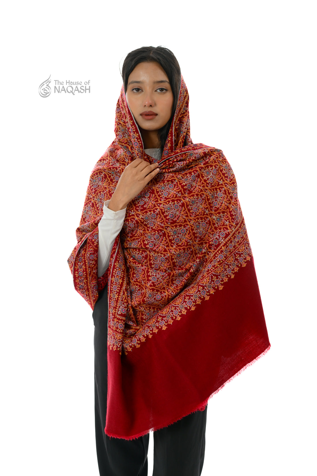 Maroon Chaman Hand Embroidered Sozni Jamawar Shawl
